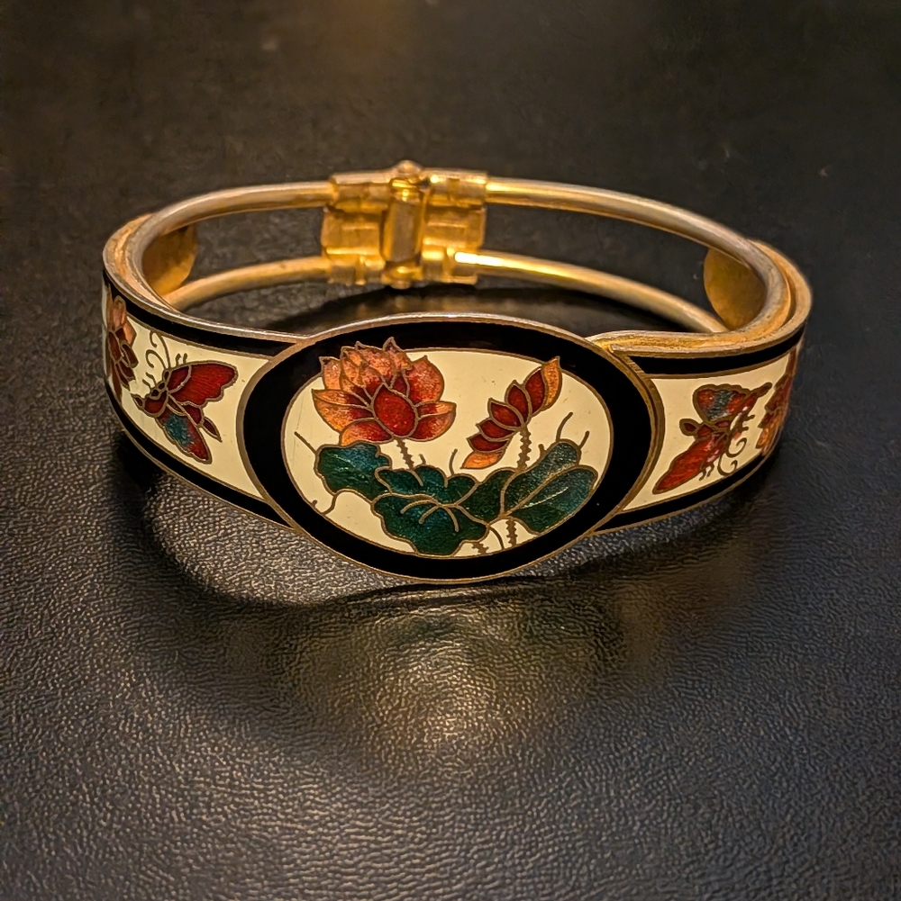 Vintage 1980s Cloisonne Clamper Style Bracelet Flowers And Butterflies